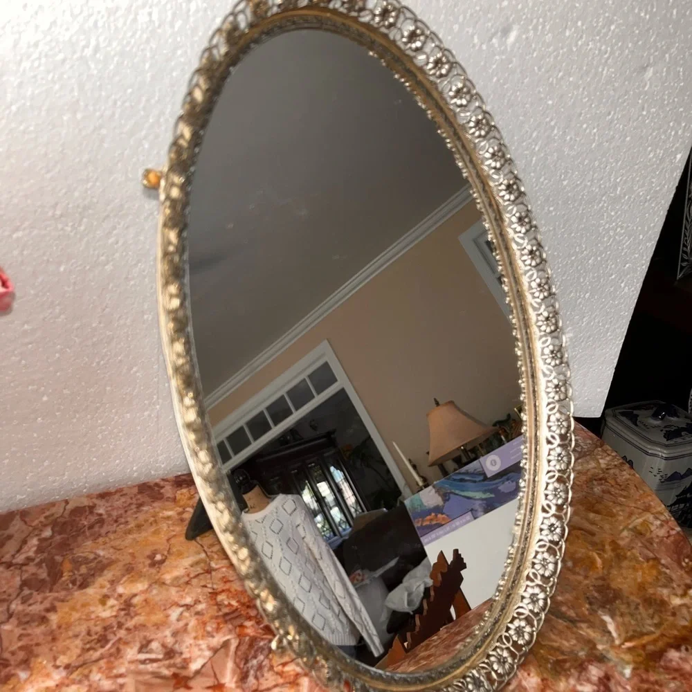Vintage ornate vanity tray /table top stand mirror. Oval